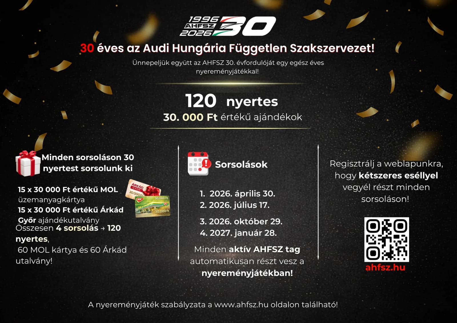 A jubileumi nyereményjáték fekvő kampányváltozata három hasábra bontva, QR-kóddal