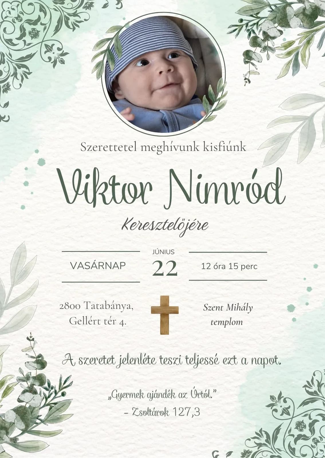 A6-os keresztelő meghívó akvarell zöld növényi keretben, körbe vágott fotóval