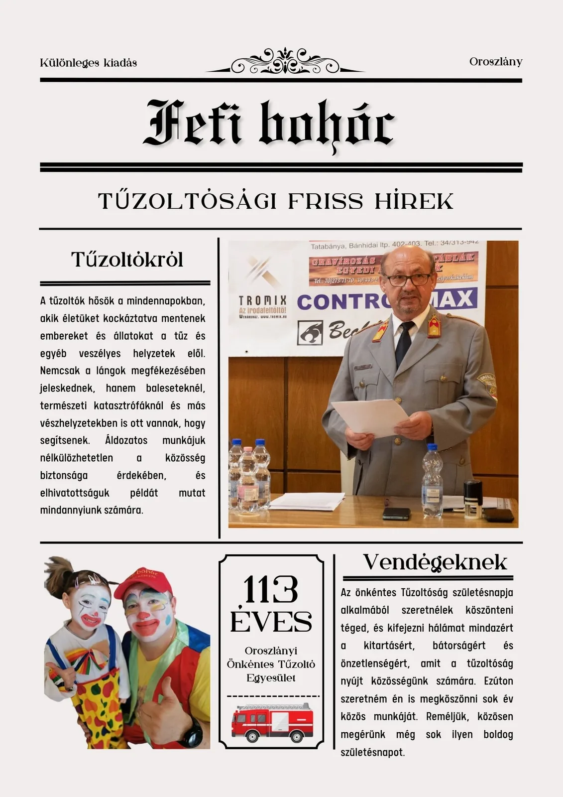 Újságcímlap-stílusú szórólap egy tűzoltóegyesületi évfordulós fellépéshez