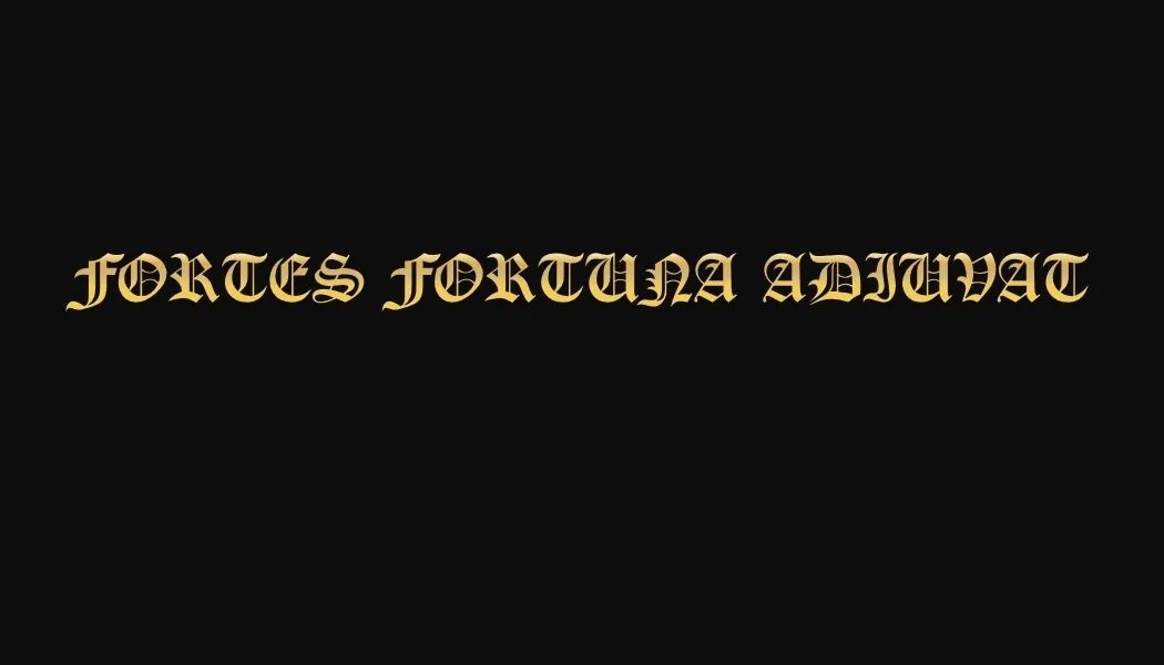 A névjegykártya mottóoldala arany gótikus betűkkel, mély fekete alapon