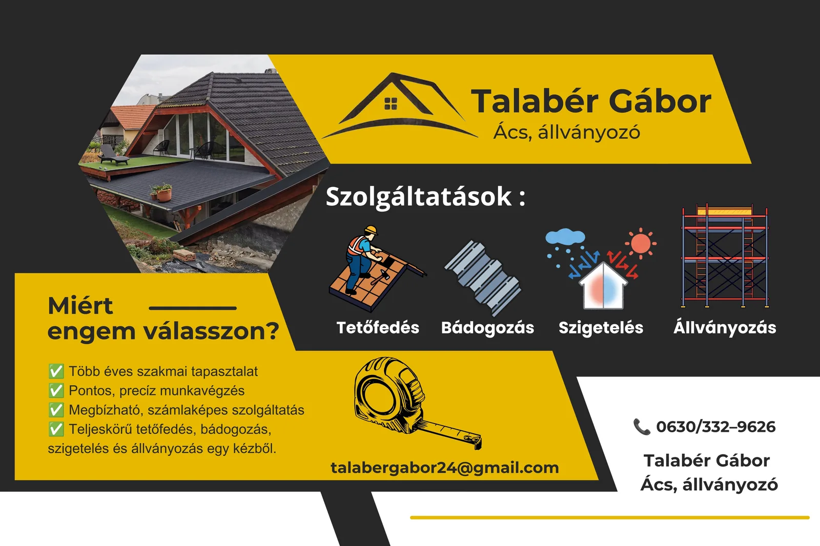 Ács- és állványozó molinó sárga-antracit arculatban, négy ikonos szolgáltatásblokkal