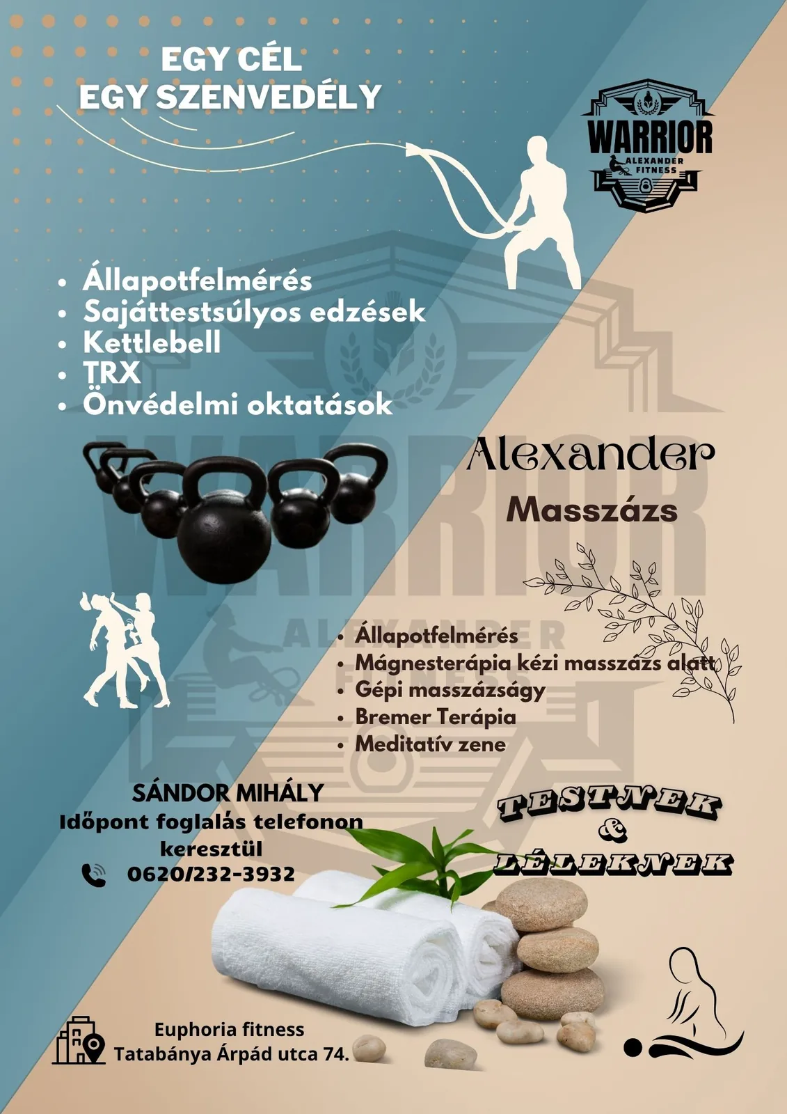 Átlósan kettéosztott szórólap: hideg petrol mezőben a fitnesz-, meleg homokszín mezőben a masszázs-kínálat