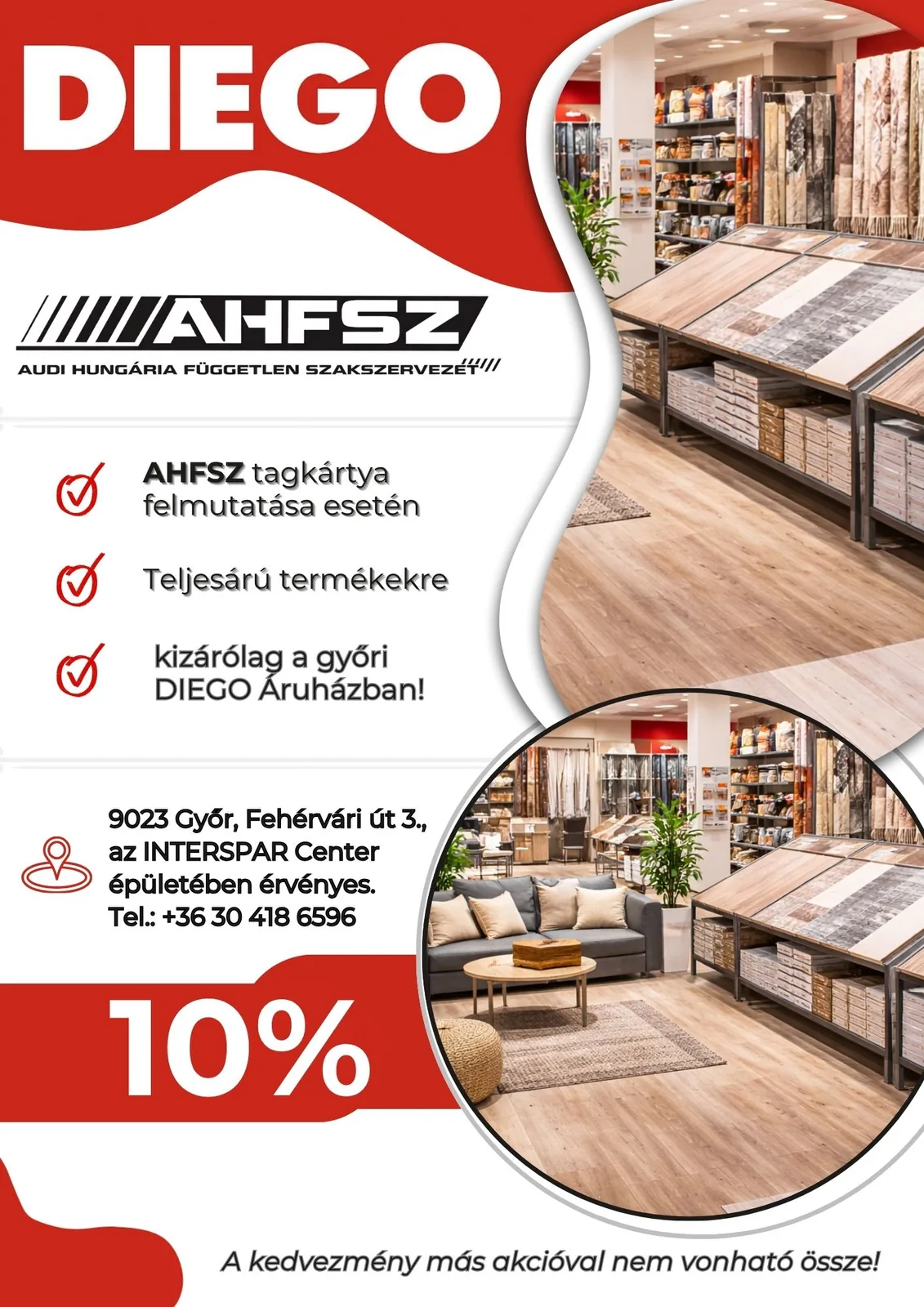 AHFSZ–DIEGO partnerkedvezmény-lap 10% kedvezménnyel, piros-fehér hullámos vágású elrendezésben