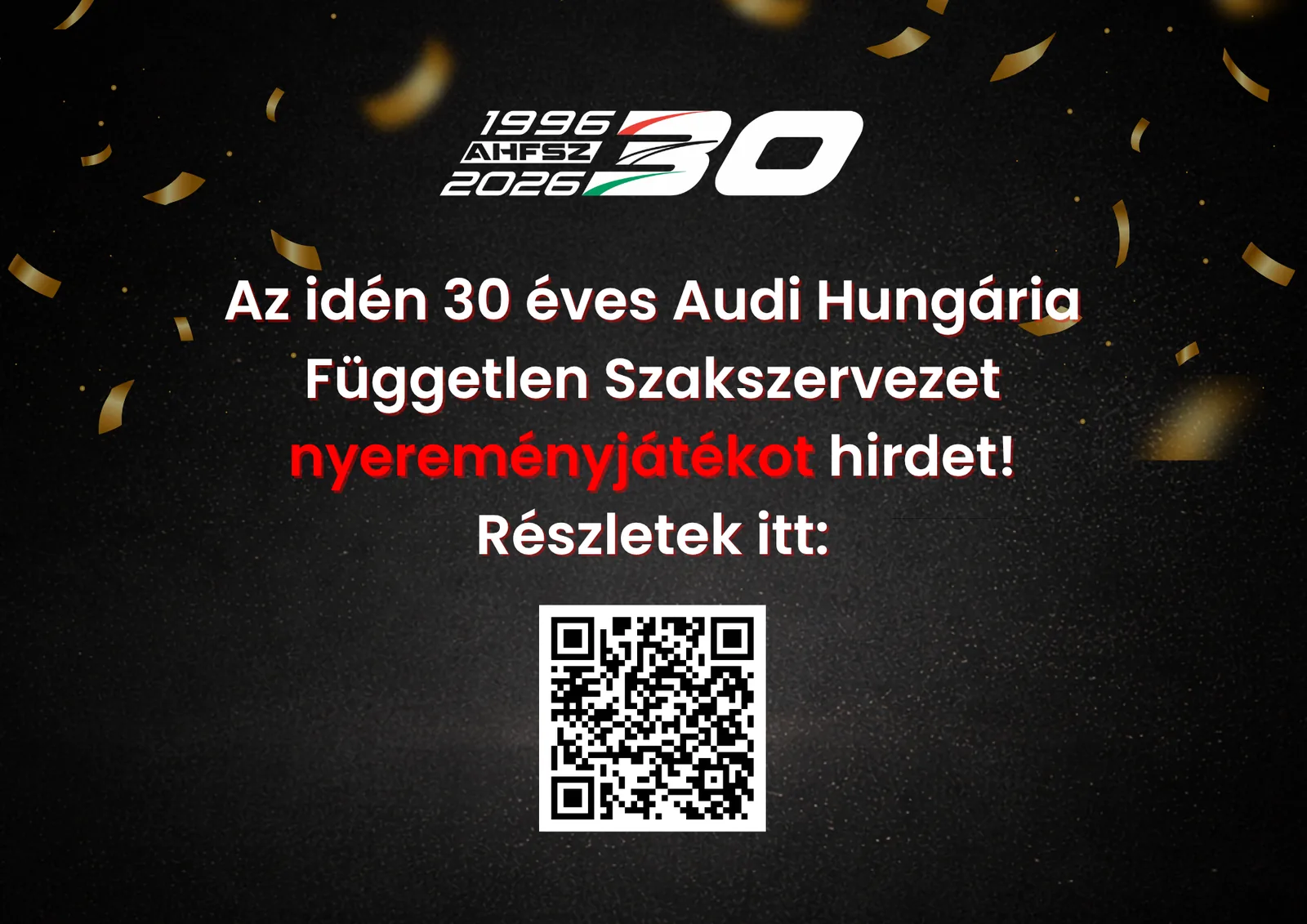 Fekvő teaser-grafika a jubileumi nyereményjátékhoz, nagyméretű QR-kóddal