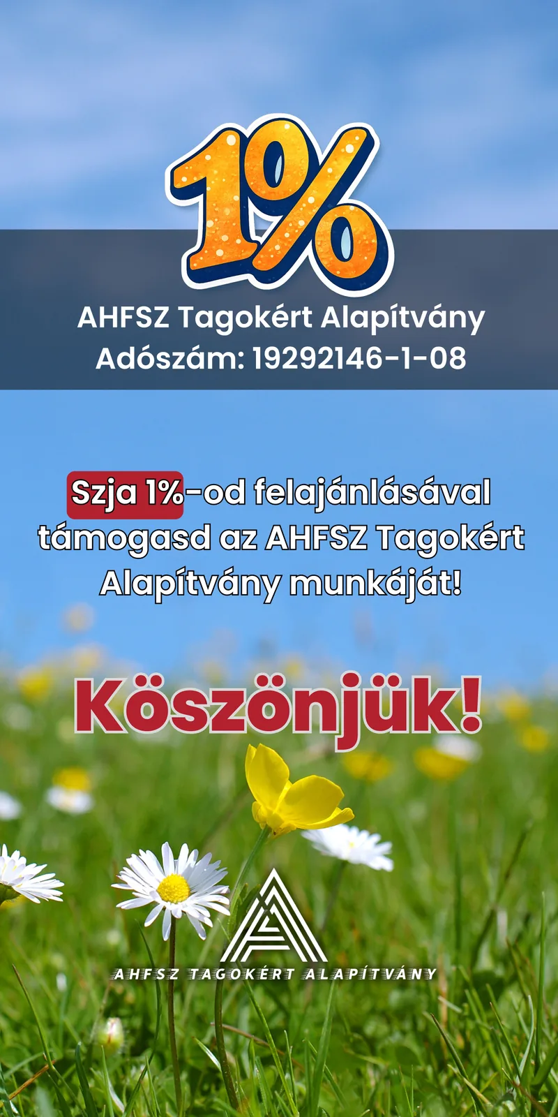 Szja 1%-os roll-up az AHFSZ Tagokért Alapítványnak, virágos réti háttérrel