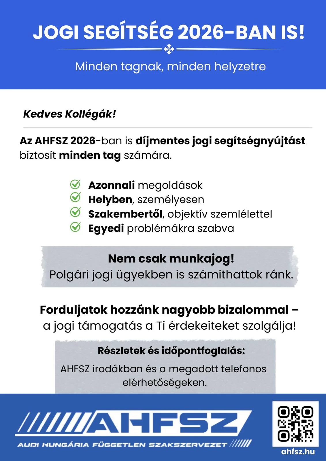Tagsági szórólap a díjmentes jogi segítségnyújtásról, kék fejléc- és láblécsávval