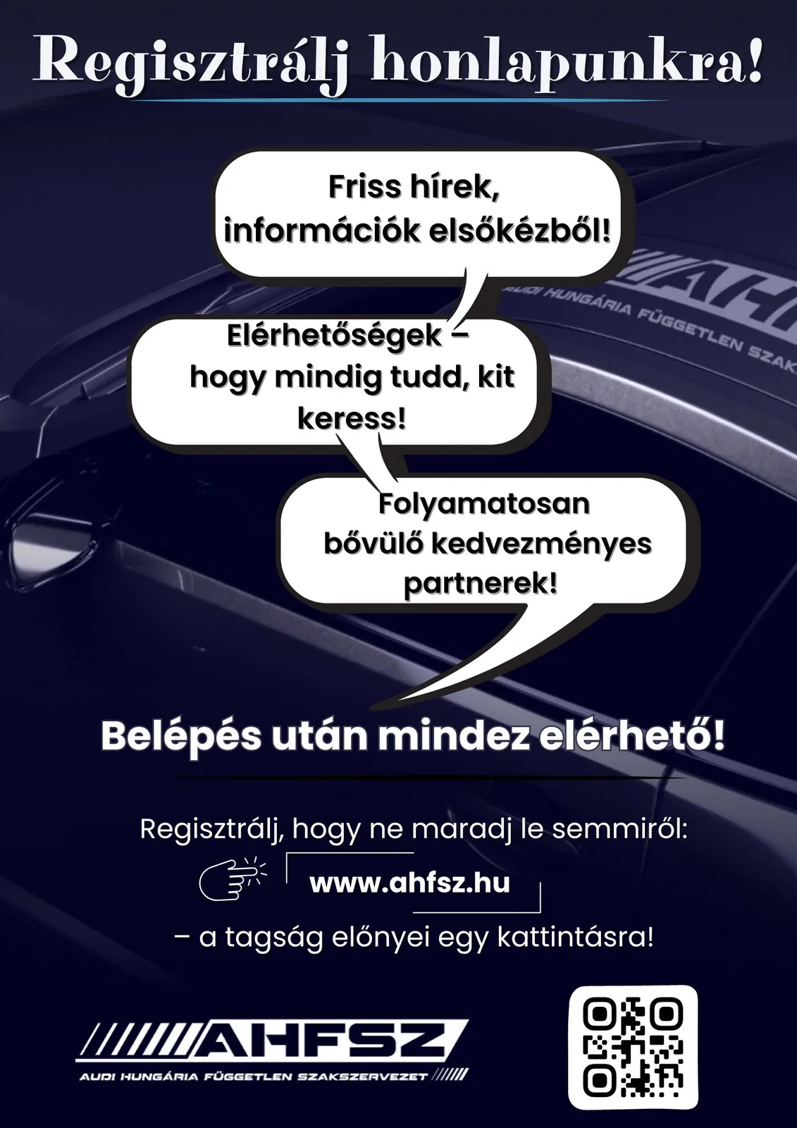 Regisztrációra ösztönző szórólap sötétkék autókarosszéria-háttéren, QR-kóddal
