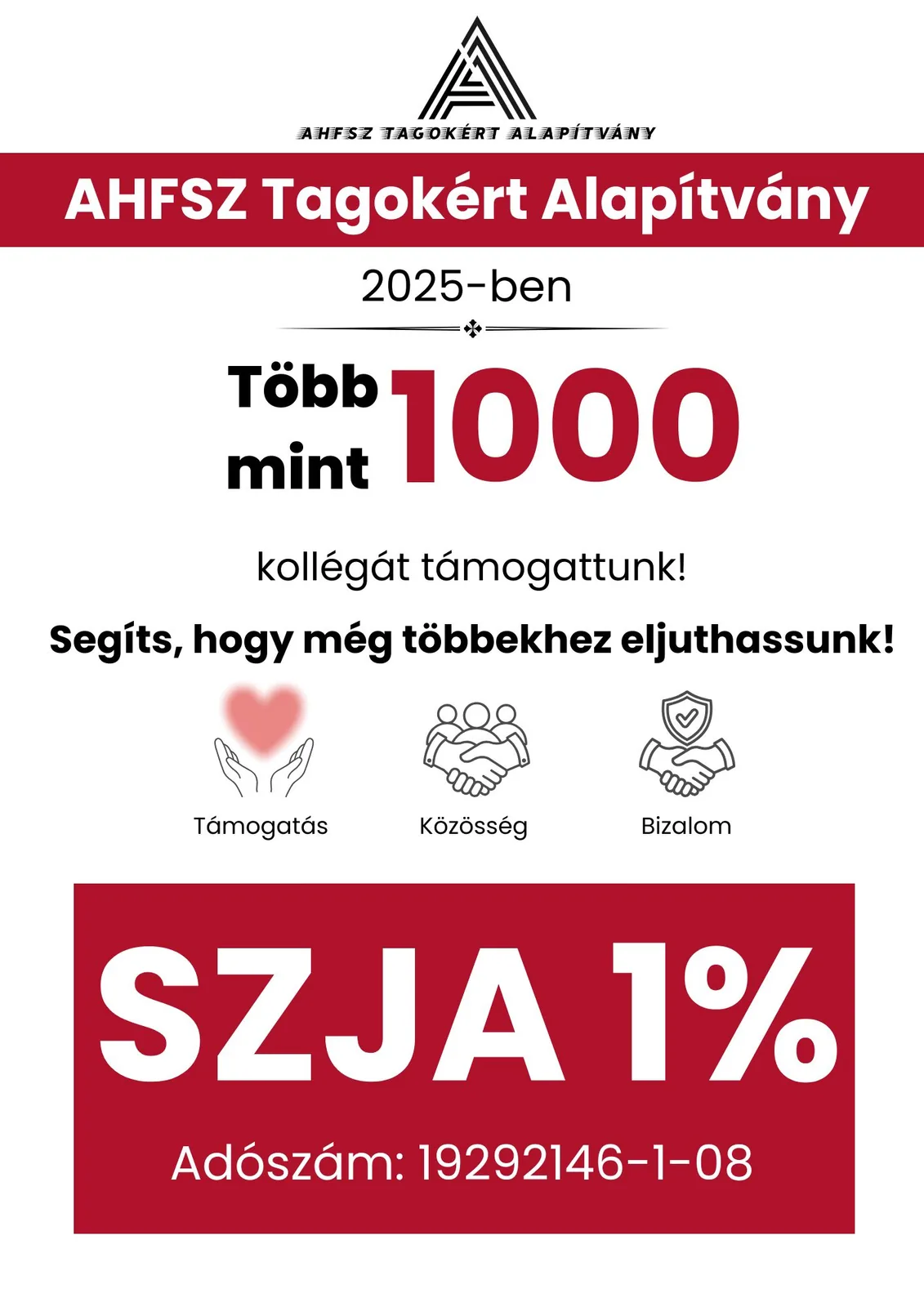 Adománygyűjtő szórólap az AHFSZ Tagokért Alapítvány bordó-fehér arculatában