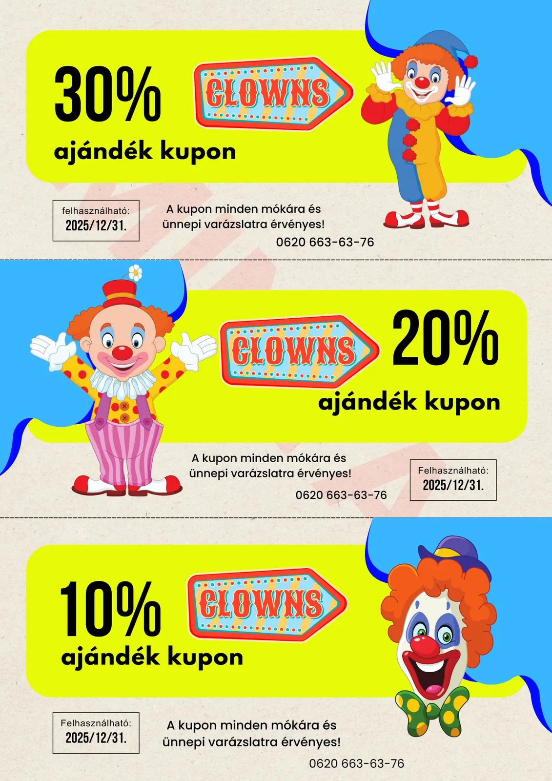 Háromsávos, letéphető ajándékkupon-ív 30%, 20% és 10% kedvezménnyel