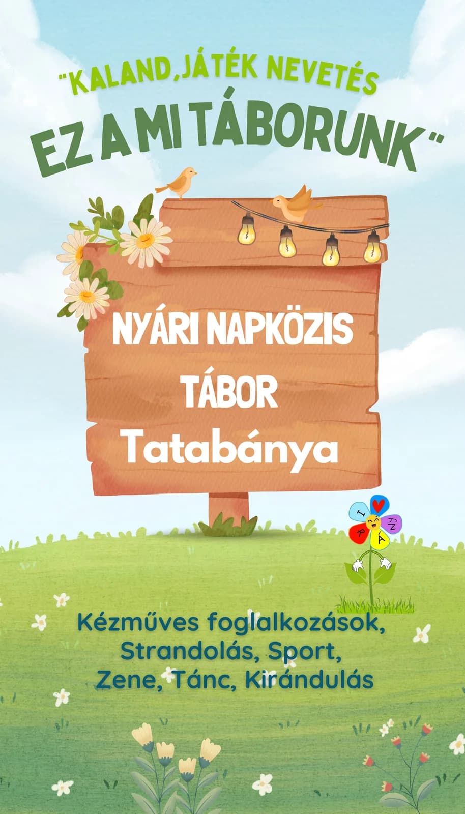 Nyári napközis tábor molinója akvarell stílusban, rajzolt virág-kabalával