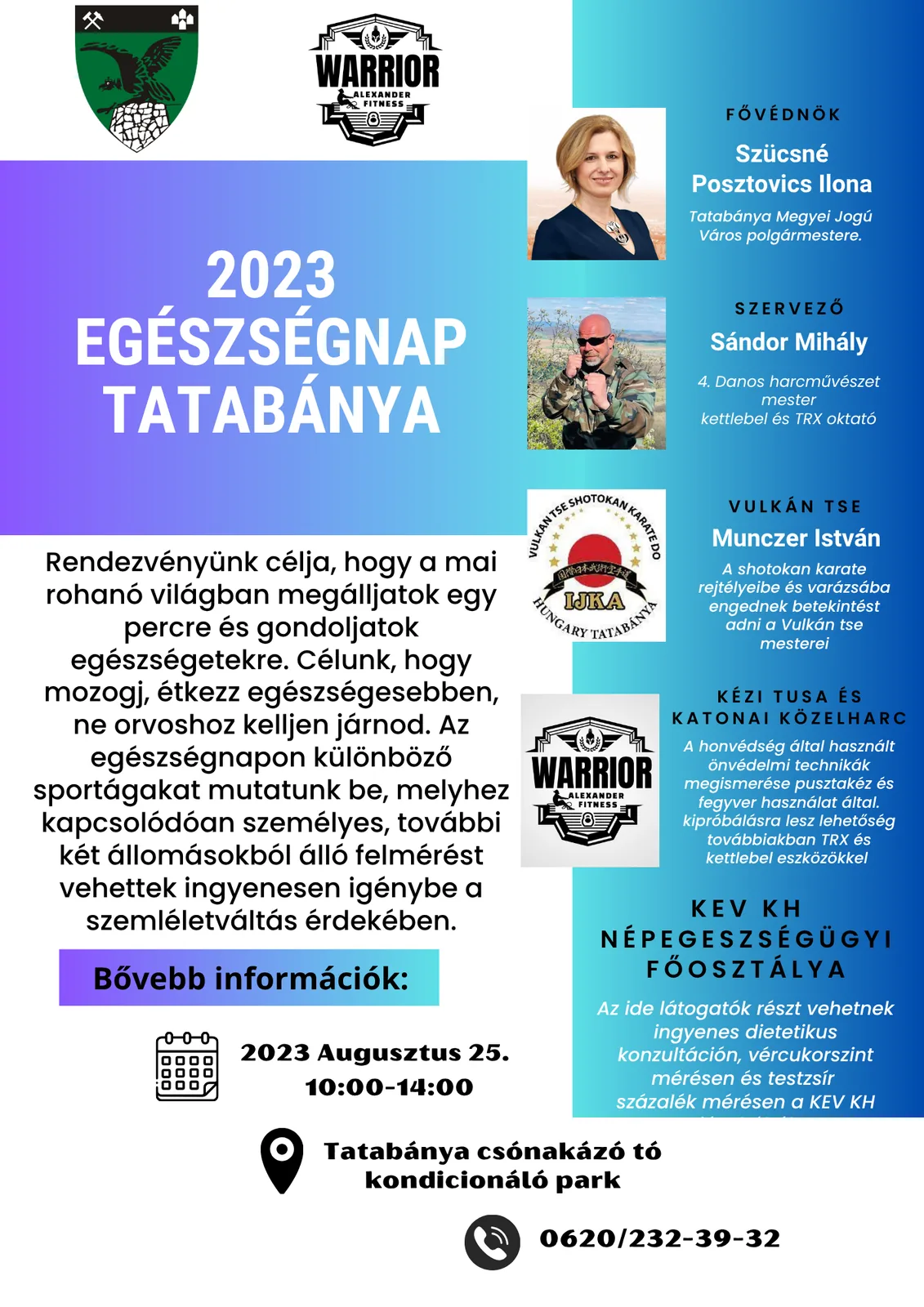 Egészségnap-plakát lila–kék–türkiz színátmenettel, a közreműködők blokkjaival